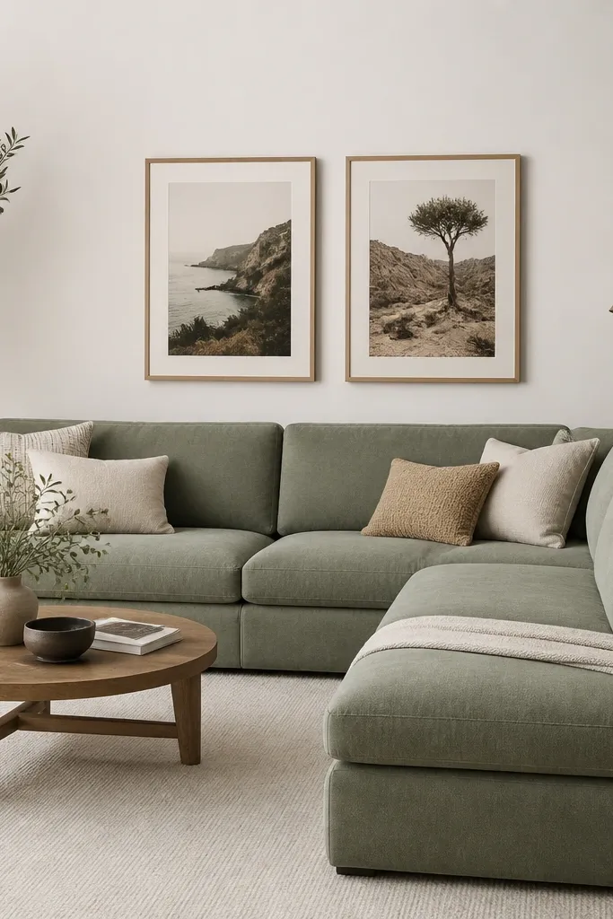 A sage green L shape sofa sits in front of a white wall. A brass floor lamp stands near the chaise side, and a white shag-free rug covers the floor. Two framed prints hang above the media wall.