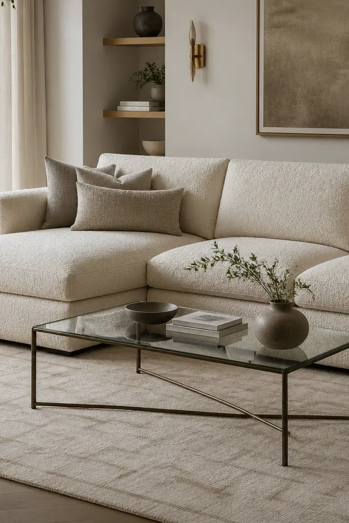 A light cream bouclé L shape sofa with visible loop texture. A slim glass-top coffee table with thin metal legs sits in front. The rug is a low-pile ivory with a faint pattern.