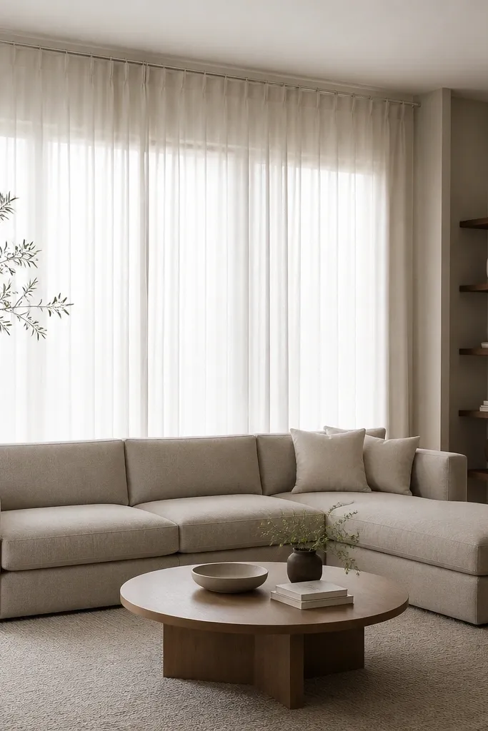 A low-back L shape sofa in a light taupe fabric with straight arms. Floor-to-ceiling sheer curtains soften the back wall area, and a thin white curtain rod runs across the top.