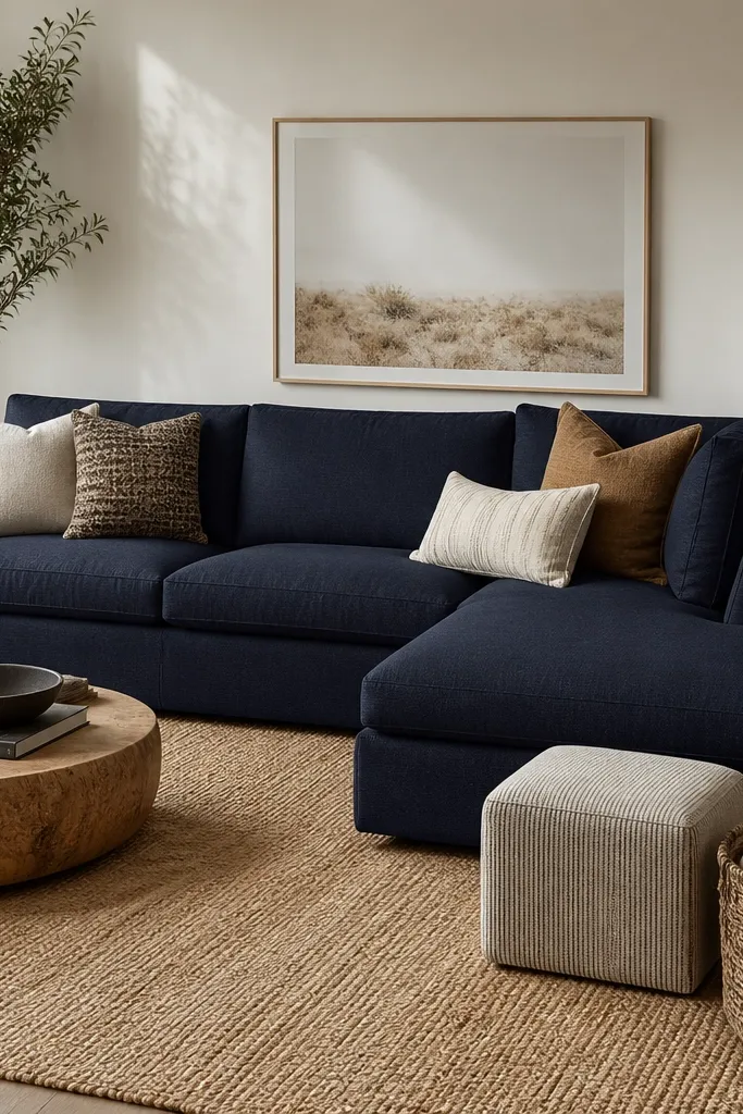 A navy blue L shape sofa in a tight weave. A tan jute rug covers most of the visible floor. A woven basket and a small ottoman sit near the chaise side.