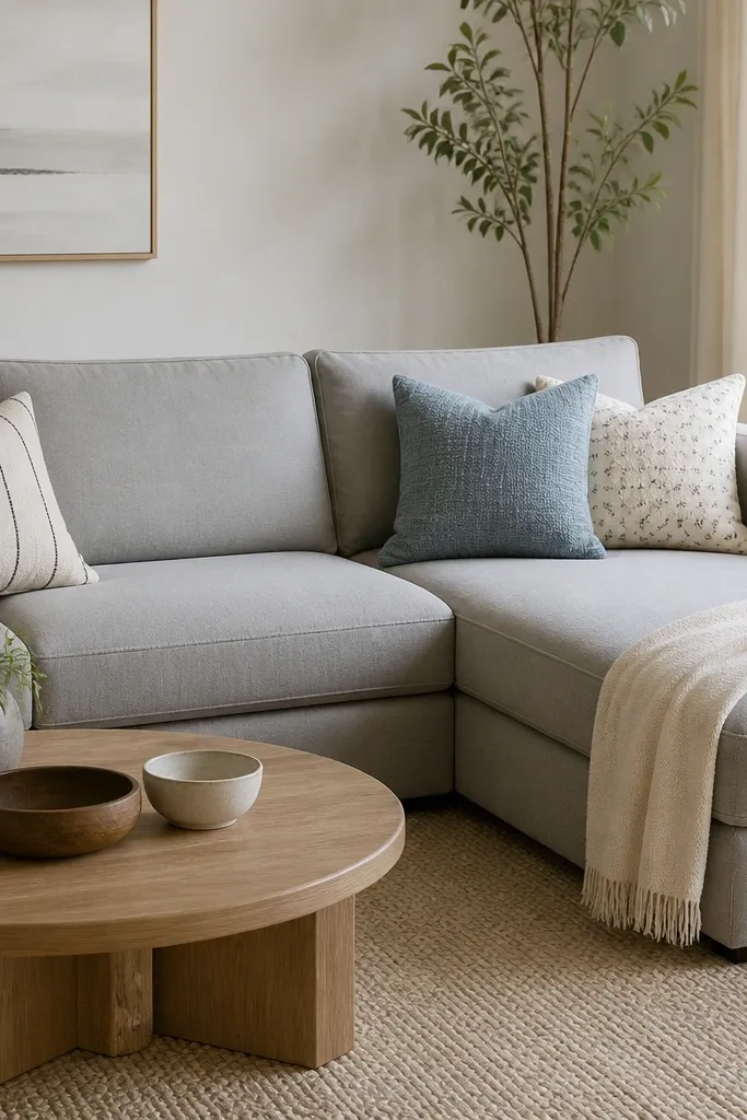 A solid-color L shape sofa in light gray. Three pillows show different patterns in controlled tones: black lines, muted blue, and cream with small motifs. A plain throw blanket sits over the chaise edge.