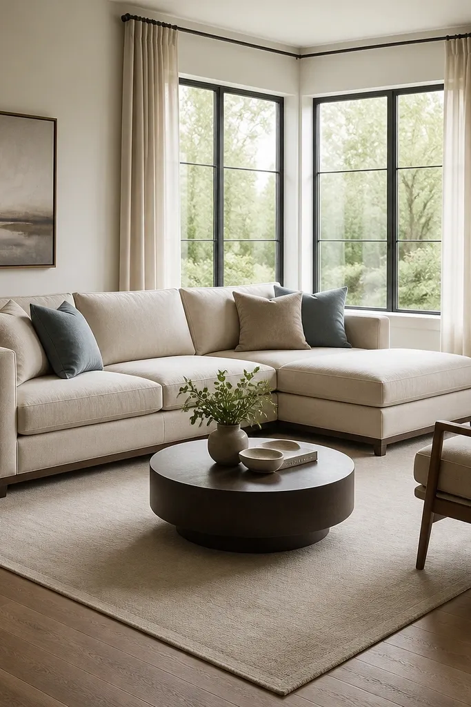 An L shape sofa placed so the inside corner sits near a corner window. The chaise points toward the room, and a small chair sits on the opposite side. A light rug has a clean border visible.