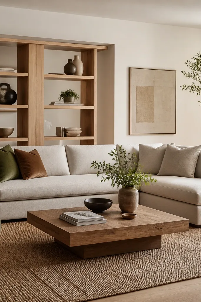 An L shape sofa sits with its back near an open shelving unit. The shelves are light wood with a few decor items. A rug and low coffee table anchor the foreground.