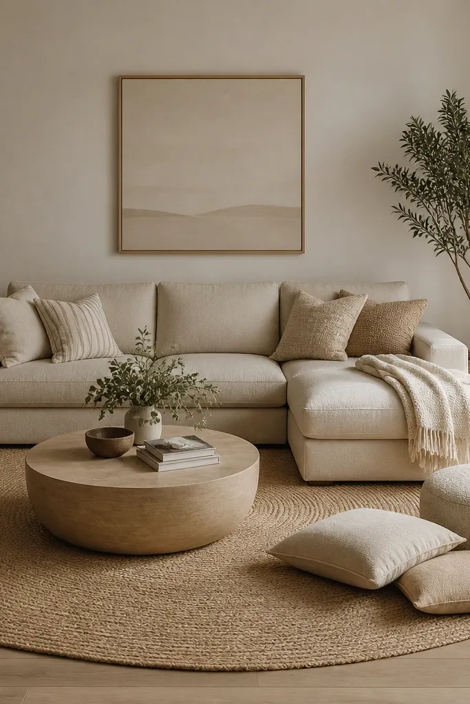 A compact L shape sofa in oatmeal fabric. A round coffee table sits centered in front of the sofa with a small gap to the rug edge. A round ottoman and two floor cushions sit near the chaise.