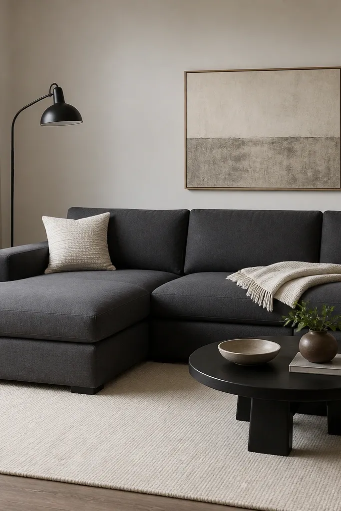 A charcoal gray L shape sofa with a chaise on the left sits on a light cream flat-weave rug. A black metal floor lamp stands beside the chaise. Two cream-and-gray pillows and a neatly folded cream throw sit on the long seat.