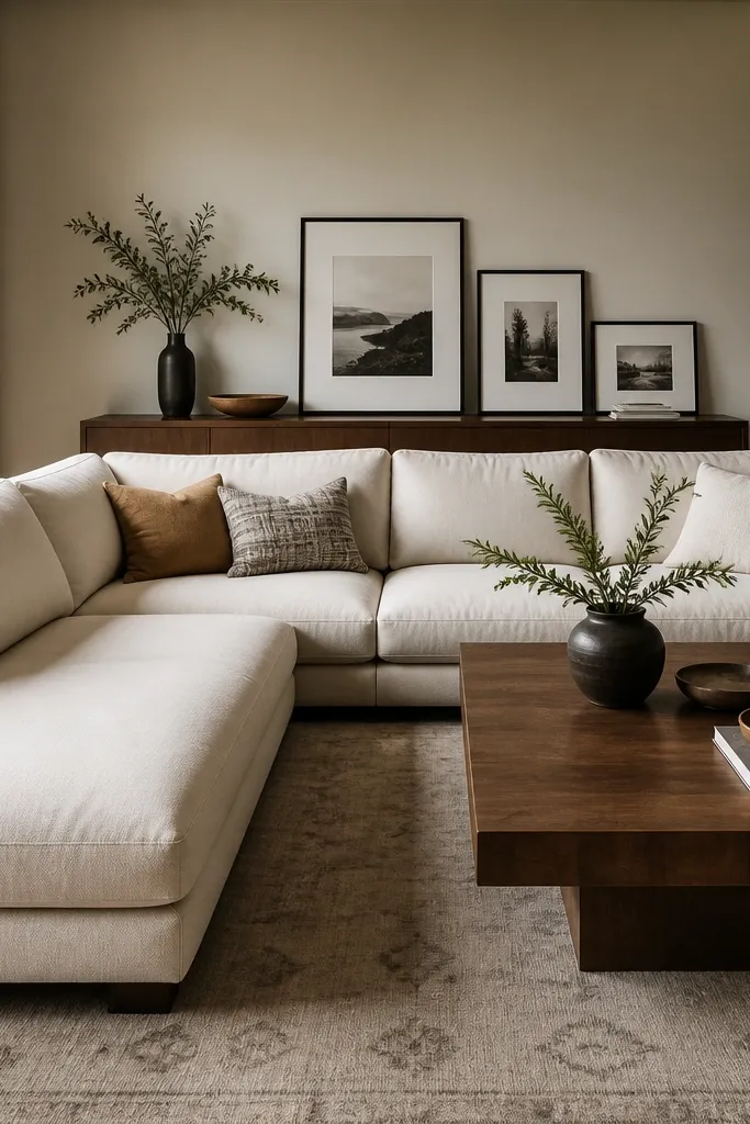 A warm white L shape sofa faces a walnut coffee table. The rug is light taupe with a subtle flat pattern. Black picture frames sit on a low media console behind the sofa.