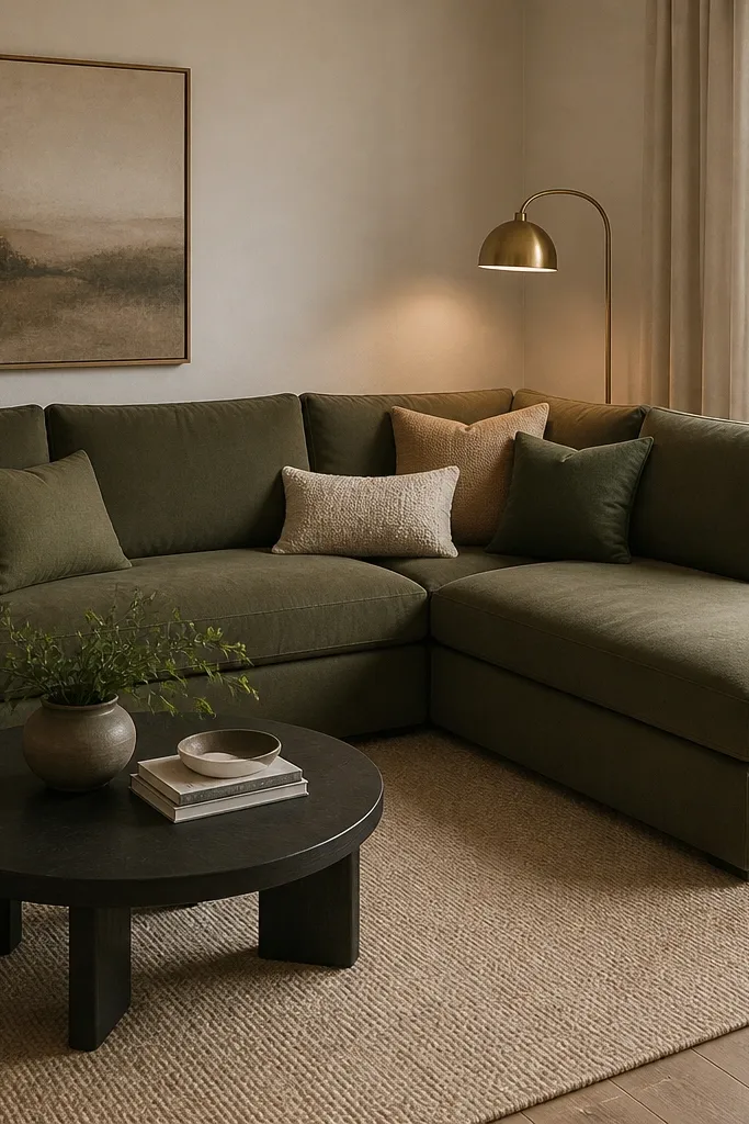 An olive green L shape sofa with a chaise shows up against a sand-colored rug. A brass floor lamp glows near the inner corner. Pillows are in tan, muted green, and a textured cream fabric.