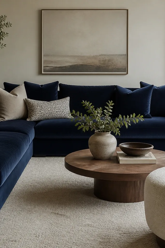A deep navy velvet L shape sofa sits on an oatmeal-colored rug. A cream boucle accent chair is partially visible to the side. Cushions include navy, oatmeal, and a small geometric pattern.