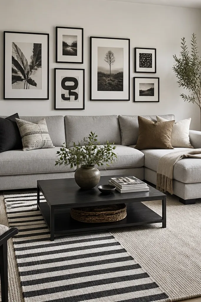 A light gray L shape sofa with chaise sits on a large neutral rug. A black-and-white striped runner runs toward the coffee table. A black frame gallery wall hangs behind.