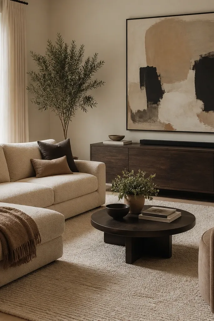 A sand boucle L shape sofa faces a dark espresso media console. The rug is a warm cream with subtle texture. A large abstract print hangs above the console.