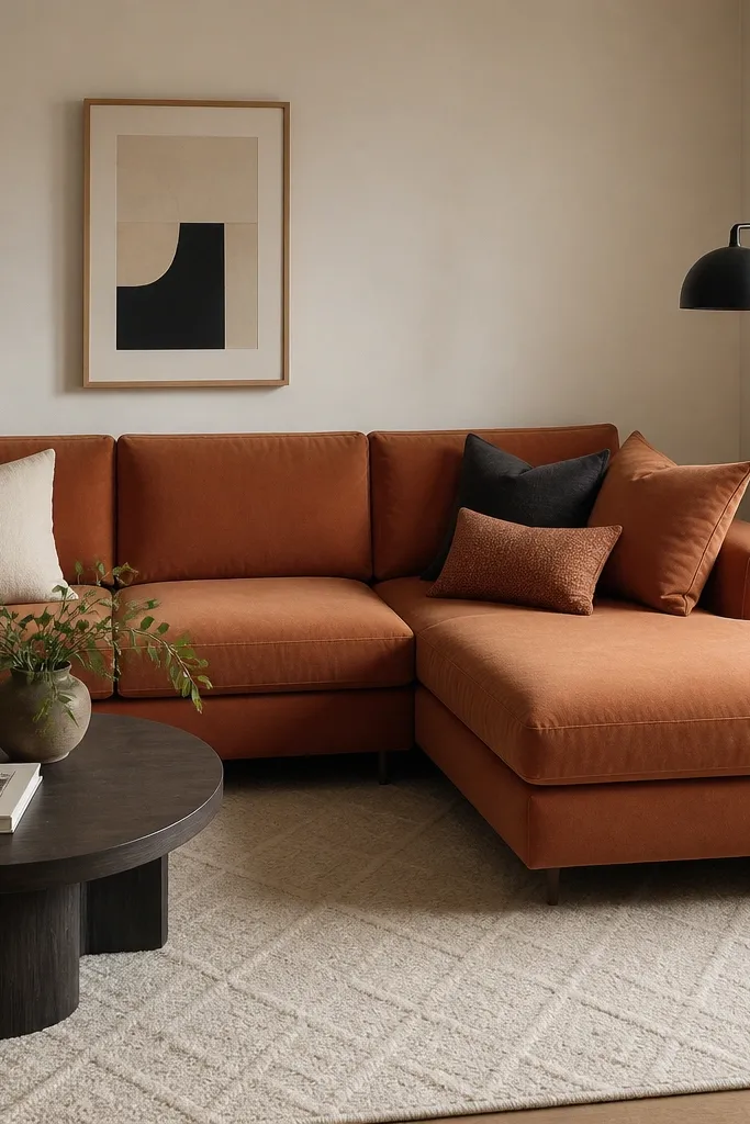 A rust orange L shape sofa sits against light beige walls. A black floor lamp stands near the chaise. The rug is cream with a subtle woven pattern, and pillows include rust, cream, and charcoal.