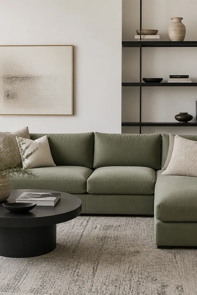 A sage green L shape sofa sits under white walls. Matte black open shelving holds a few books and a ceramic vase. The rug is light gray with a minimal pattern.