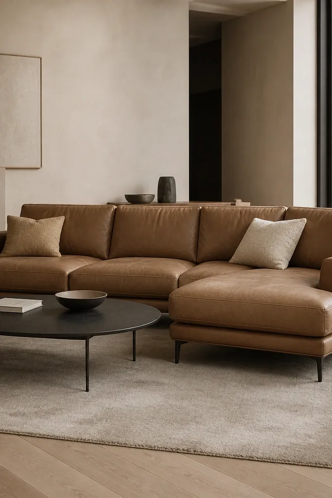 A tan leather L shape sofa with a chaise sits on a light beige rug. A low black coffee table with thin legs sits in front. Minimal pillows are in tan and cream, and a leather belt-style strap throw is draped on the arm.