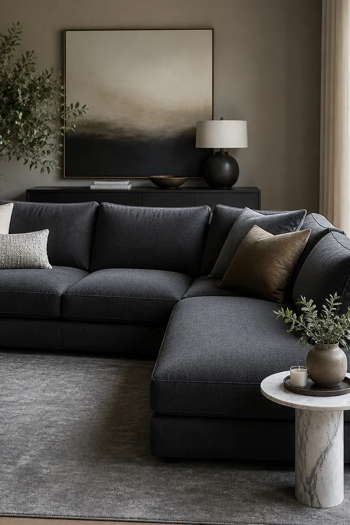A charcoal L shape sofa with a chaise sits on a medium gray rug. A round marble-look side table stands near the chaise. A small tray holds a vase and a candle.