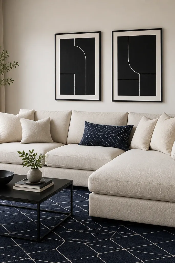 A cream L shape sofa faces a navy geometric rug. Black wall art and a black floor lamp appear behind and beside the sofa. Pillows include cream solids and one navy patterned pillow.