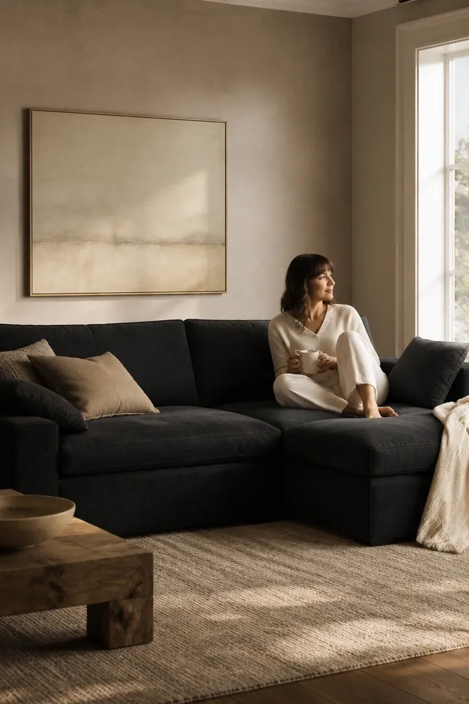 A black L shape sofa with chaise sits in front of warm taupe walls with white trim. The rug is light taupe. A white ceramic vase and a beige knit throw sit on the sofa.