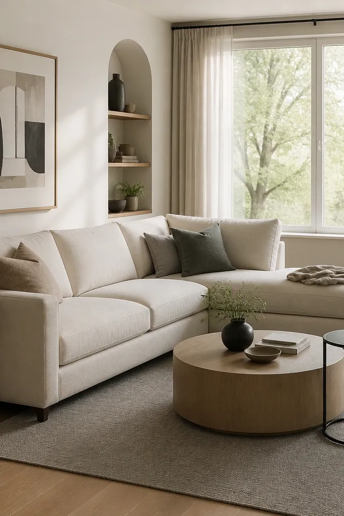 An L-shaped light beige sofa with the chaise facing a window wall. A medium gray area rug sits centered under the sofa's front legs. A round light-wood coffee table and two black metal side tables sit in front, with a floor lamp near the window.