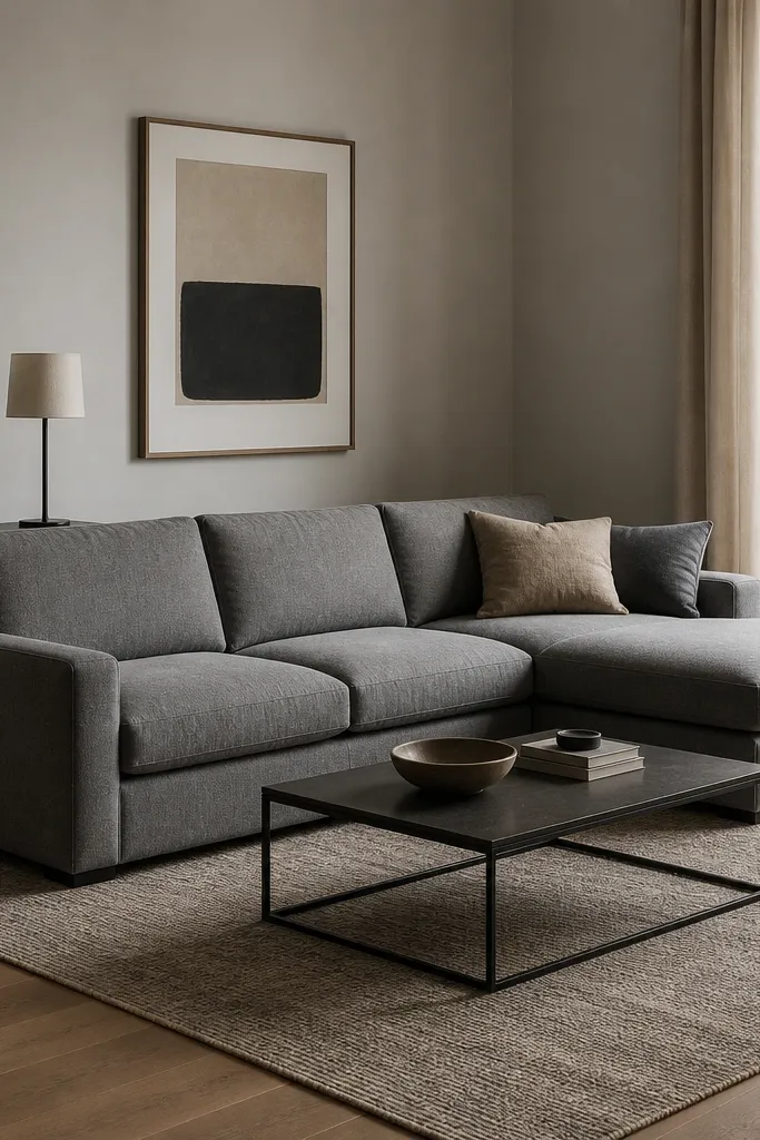 A compact gray L-shaped sofa placed in a corner with a slight gap from the side wall. A low-profile rectangular rug extends beyond the chaise. A skinny console table sits behind the sofa's short arm, and a slim coffee table sits centered.