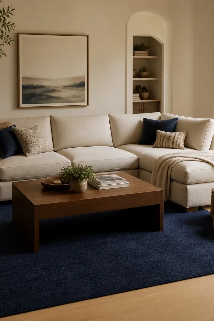 A cream L-shaped sofa with navy blue area rug. A rectangular walnut-finish coffee table sits centered. A pair of woven baskets sits beside the chaise, and a tan floor lamp stands near the rug's edge.