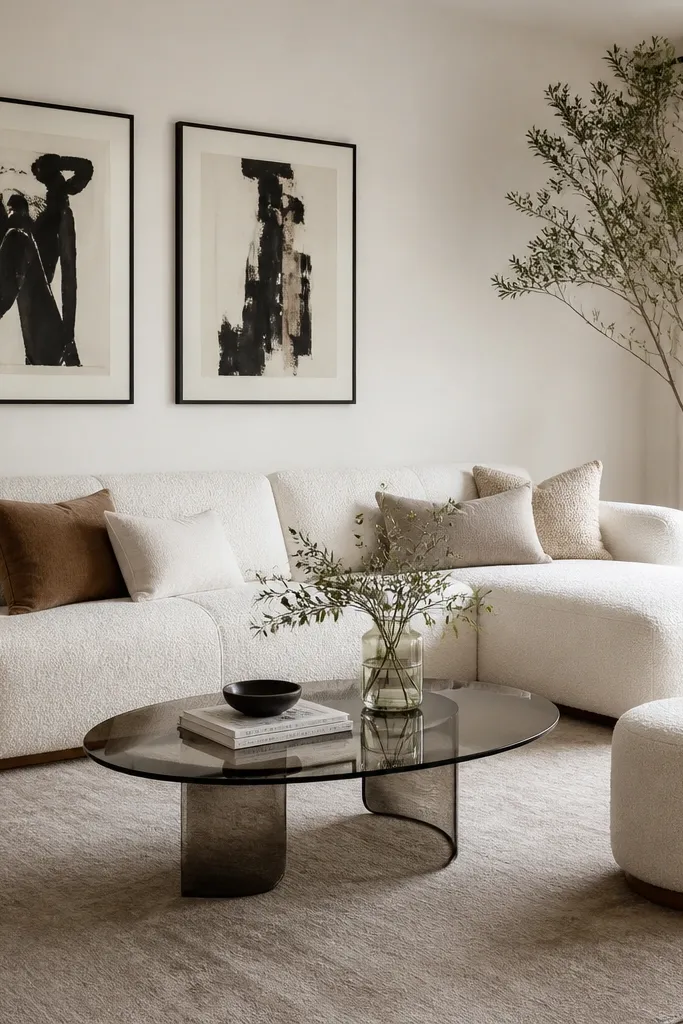 A white boucle L-shaped sofa with soft rounded arms. A light taupe rug covers the seating zone. Black-framed art hangs above the sofa. A smoked glass coffee table sits in front, with a matching boucle footstool near the chaise.