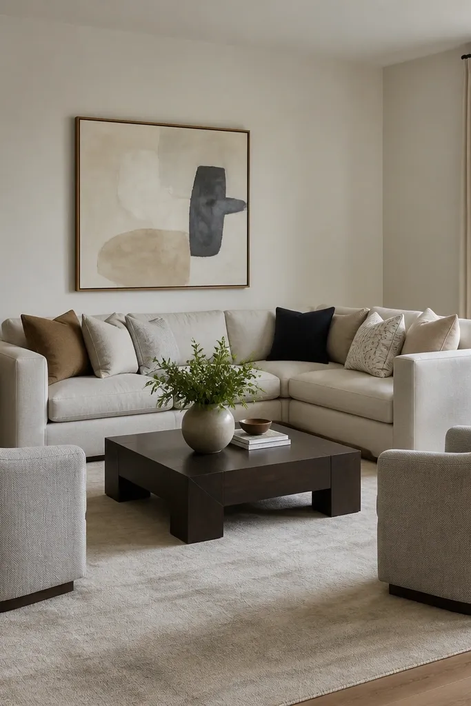 An L-shaped sofa in the corner with its open end facing the room. Two accent chairs sit opposite each other across a coffee table on a large rug. A pair of matching table lamps flank the seating area.