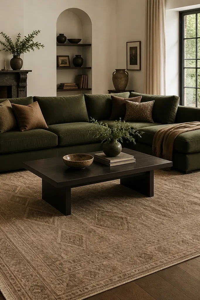 A dark olive L-shaped sofa placed so the rug is the centerpiece. The rug is 9x12 with a subtle geometric pattern. A rectangular dark wood coffee table sits centered, and a brass floor lamp stands near the chaise.