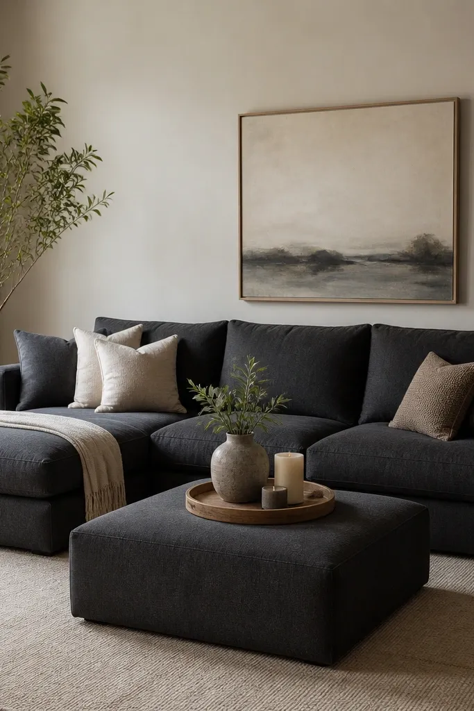 A charcoal L-shaped sofa with a low, ottoman-style coffee table. A beige flat rug under the seating. A tray on the ottoman holds a ceramic vase and candles. A tall plant in a woven pot sits beside the chaise.