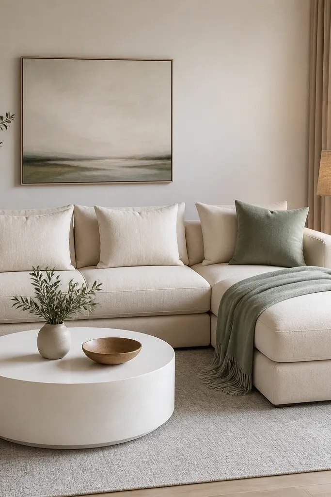 A cream L-shaped sofa with three cushions in cream and one sage-green cushion. A sage throw blanket drapes over the chaise. A light gray rug and a round white coffee table sit in front. A ceramic table lamp with a textured shade is on a small side table.