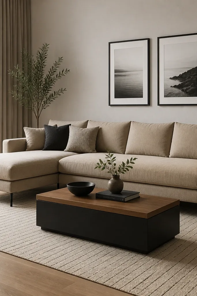 A tan L-shaped sofa with black legs. A rectangular beige rug with a thin black stripe pattern. A black rectangular coffee table with a warm wood top section. Two black picture frames sit above the sofa.
