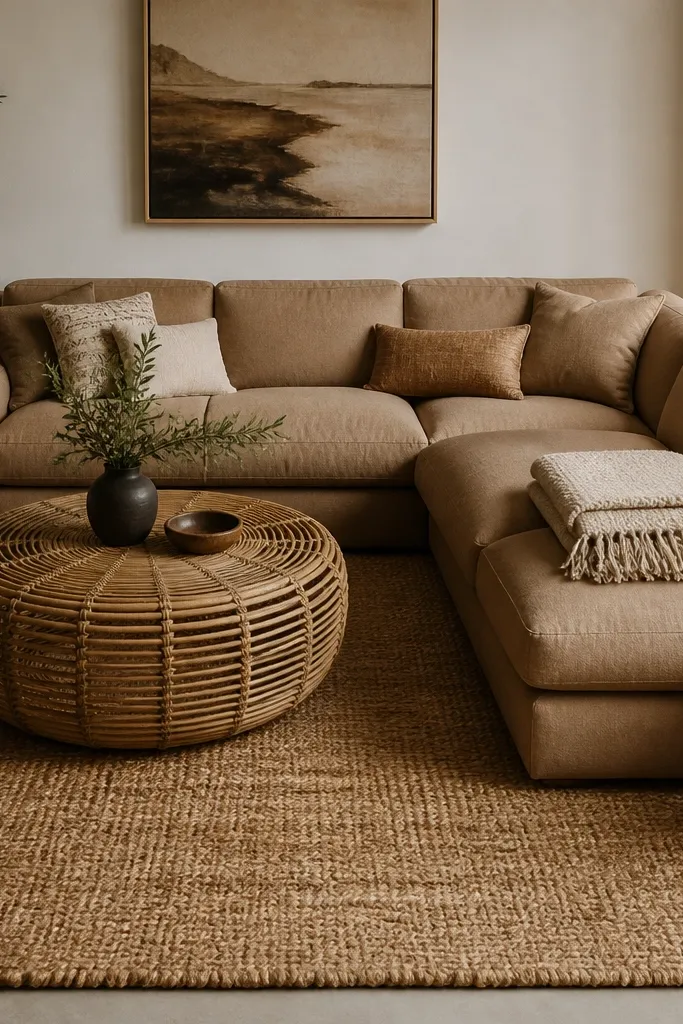A light brown L-shaped sofa. A jute rug with visible fibers covers most of the seating area. A round rattan coffee table. Woven throw blanket stacked on the chaise and a small woven side table.