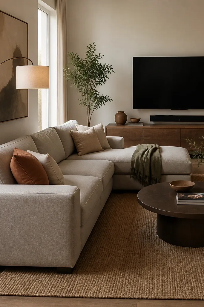 A compact L-shaped sofa facing the room. The short end sits near a wall with a low media console behind it. A large TV is centered above the console. A simple round coffee table and two floor lamps light the space.