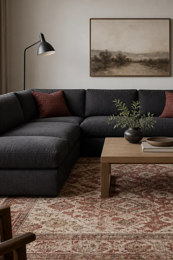 A solid charcoal L-shaped sofa. A large patterned area rug with a muted red and cream motif. A simple light wood coffee table. A tall black floor lamp and a pair of matching red accent pillows.