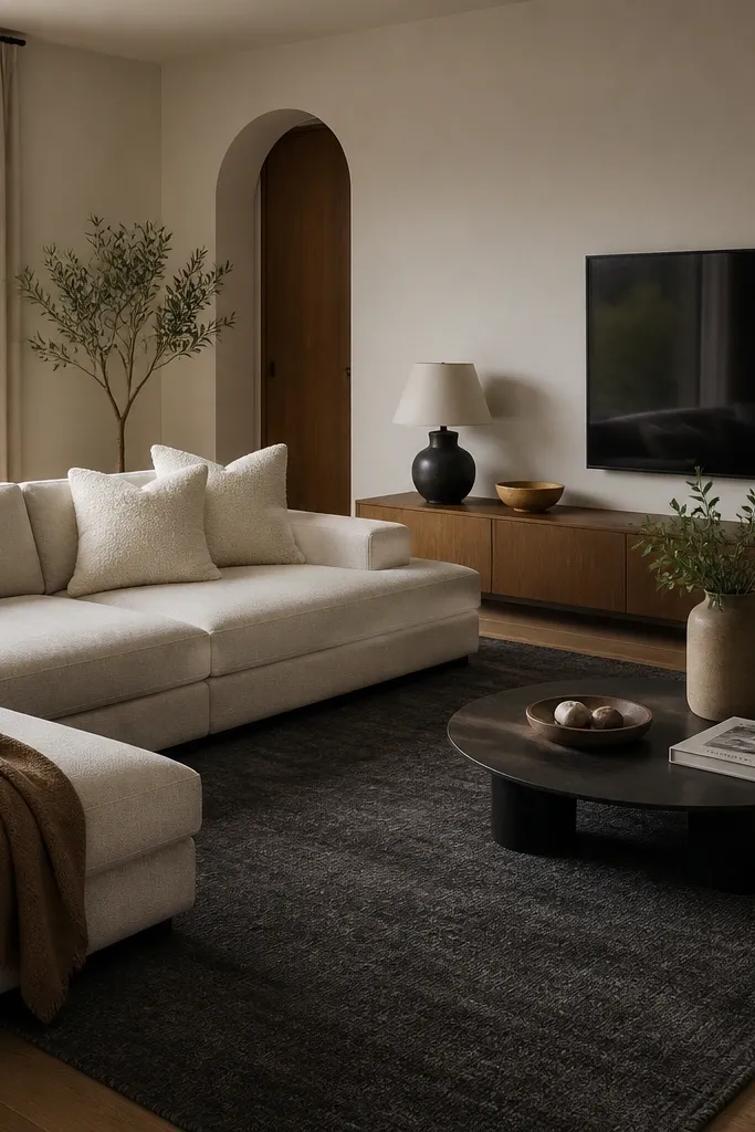A light oat L shape sofa sits on a charcoal area rug. Two off-white boucle throw pillows are placed near the corner, and a long low media console in warm wood runs under a flat-screen TV.