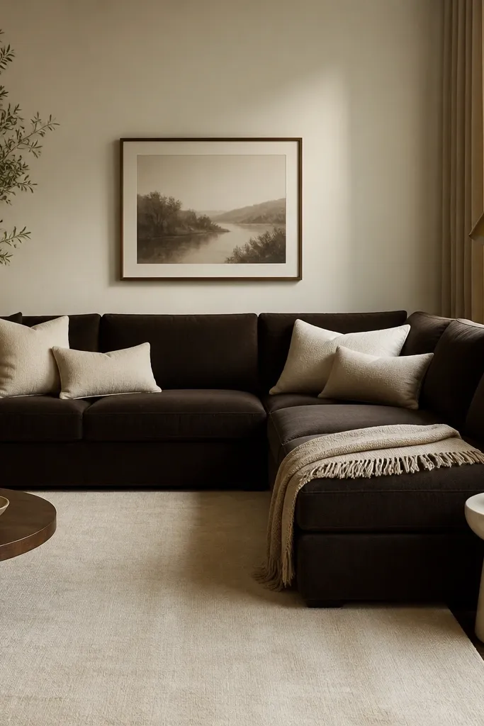 A dark espresso-brown L sectional is styled with warm ivory linen pillows and a sand-colored throw. A light cream rug covers most of the seating area, and a brass floor lamp stands beside a white ceramic table.
