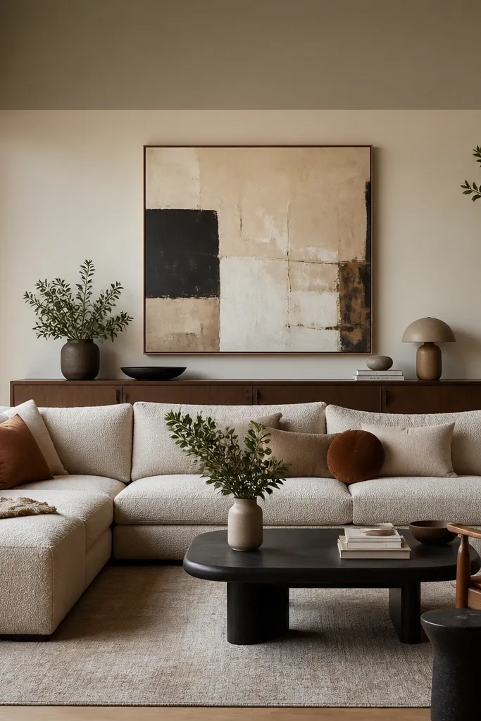 The wall behind the sofa has a soft two-tone paint: a pale base with a slightly darker top band. A large abstract piece is centered above a low console, and the L sectional faces it with neutral pillows.