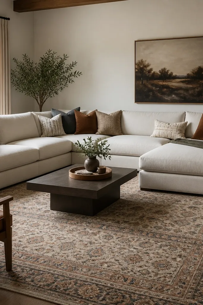 A large patterned rug fills the floor under the entire L sectional. The chaise area is still fully covered, and a low coffee table sits centered with a tray on top.