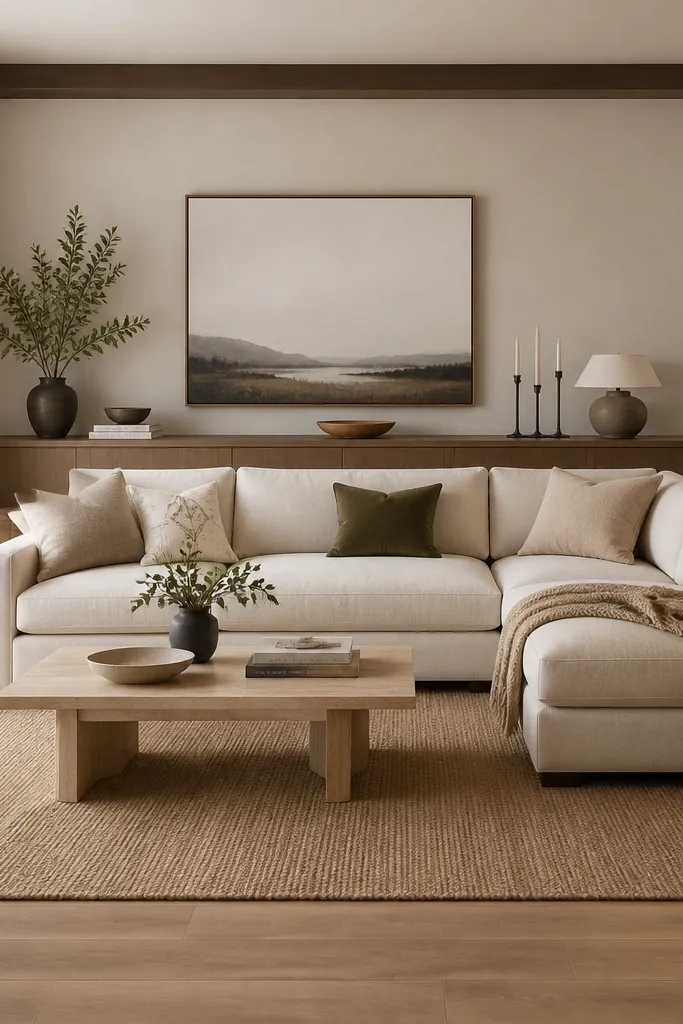 A long low media console runs behind the L sectional. Two matching slim side tables sit near the ends of the sofa, each with a small lamp and a framed photo.