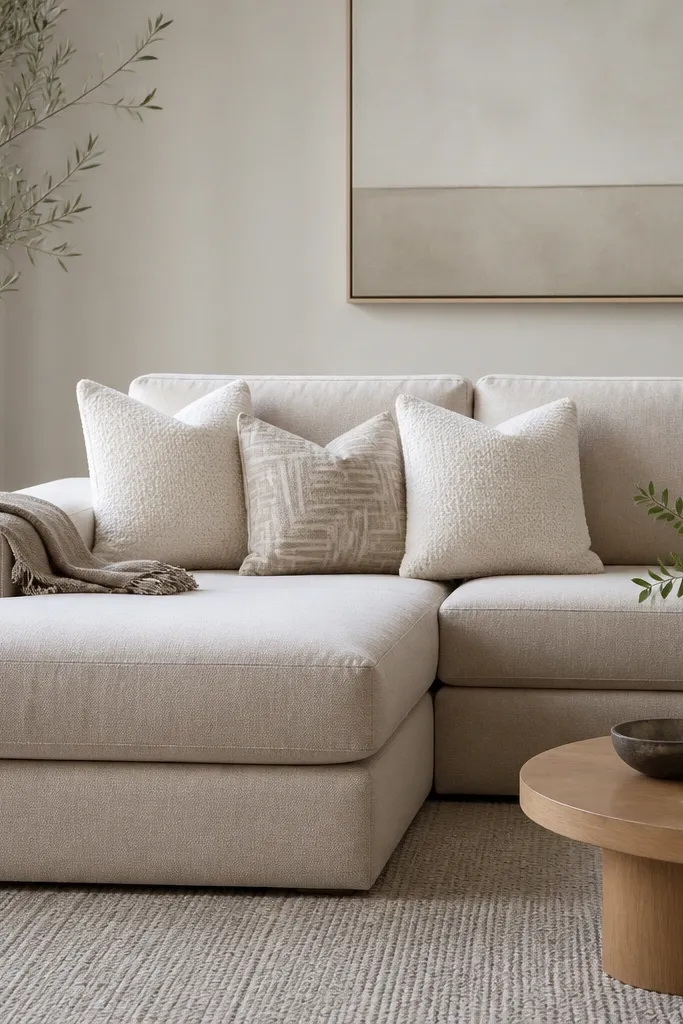 On the L corner, there are three pillows: two textured boucle pillows and one pillow with a simple geometric pattern. A neutral throw blanket is folded over the chaise arm.