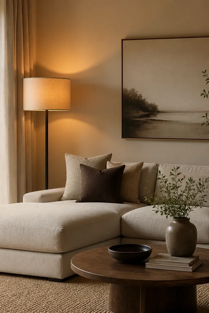 A matte black floor lamp with a linen drum shade stands next to the L sectional chaise. The lamp casts warm light, and the walls have a warm undertone.