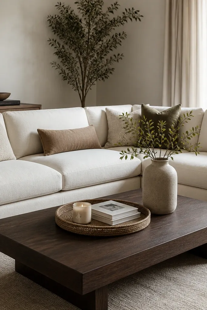 A low rectangular coffee table sits in front of the L sectional. A tray holds a candle and a small book stack, and a taller ceramic vase stands off to one side.