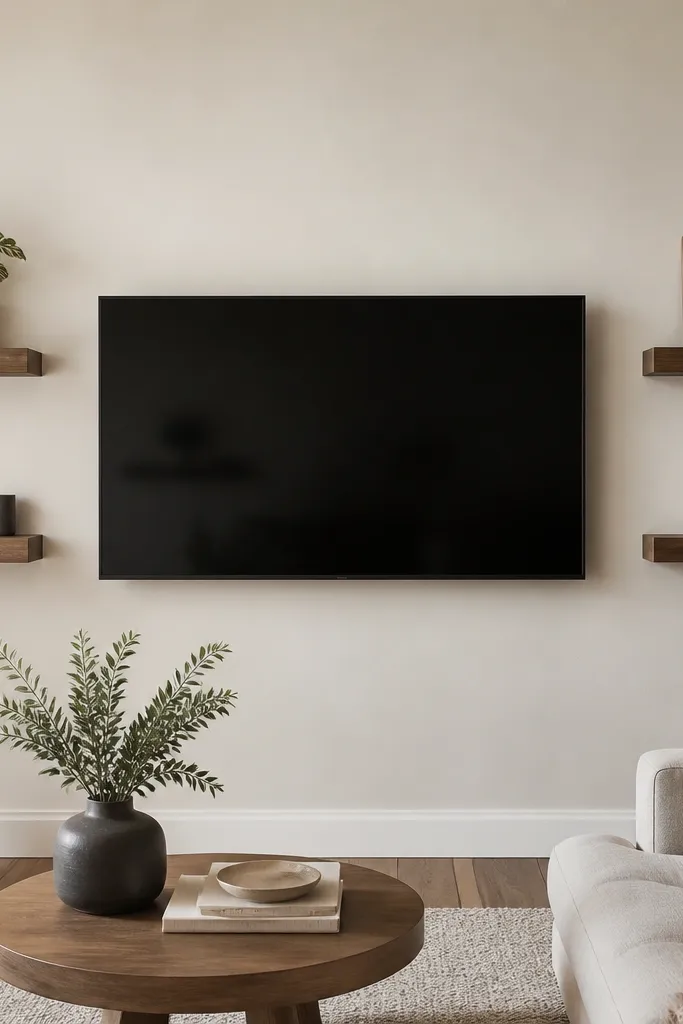 A TV is mounted on a wall with two floating shelves on either side. Cables are hidden, and the shelves hold a single plant, a framed print, and small decor in neutral colors.