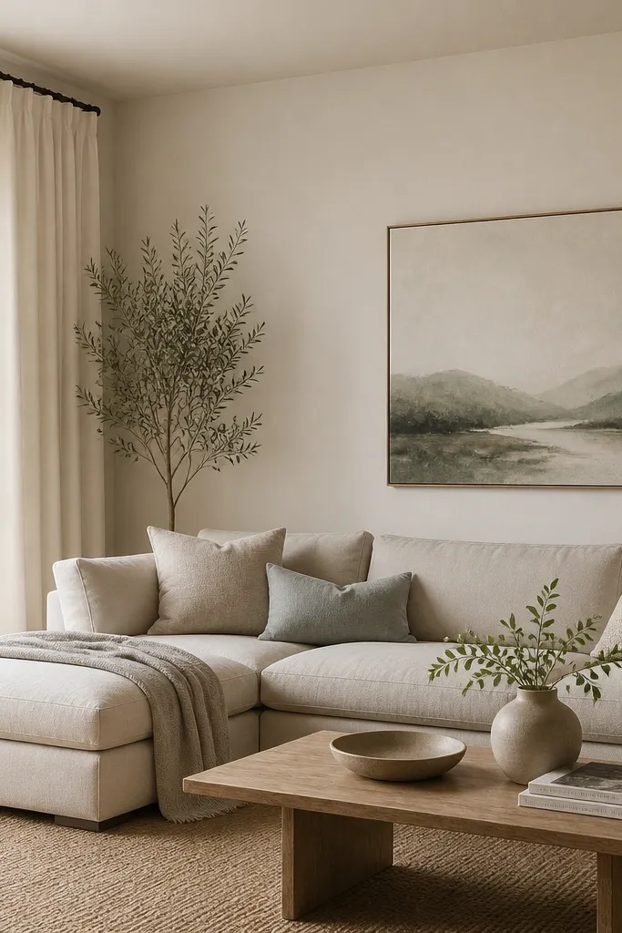 Floor-length curtains in warm white hang from a rod above the window. They have a gentle break at the floor and soften the corner near the L sofa.