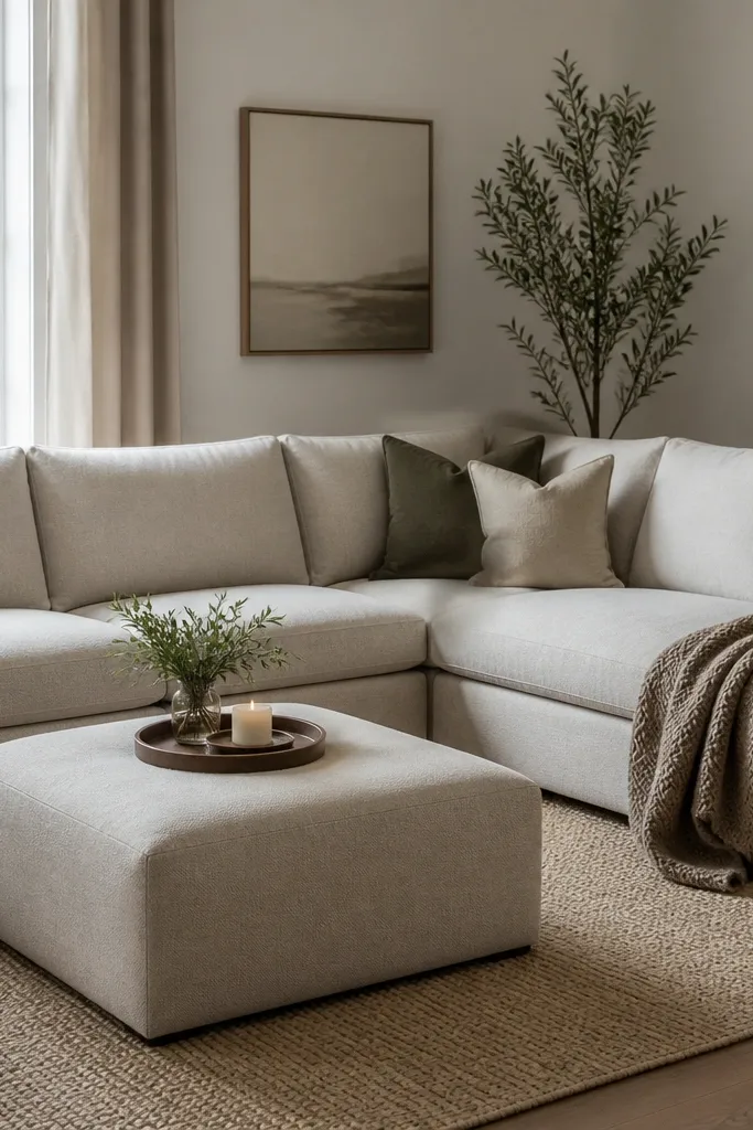 In front of the L corner, a low ottoman sits on the rug. A tray with a candle sits on the ottoman, and a couple of pillows are leaned against the sofa back.
