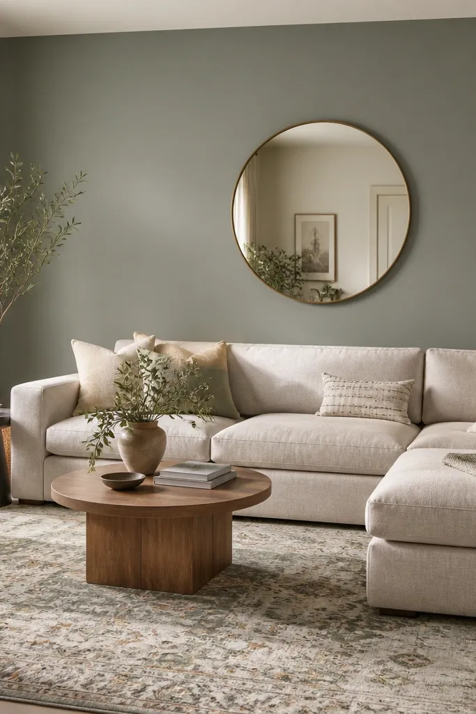 A soft accent wall behind the sofa matches a muted tone found in the rug. The L sectional in neutral fabric sits in front, with a few pillows and a simple wall mirror.