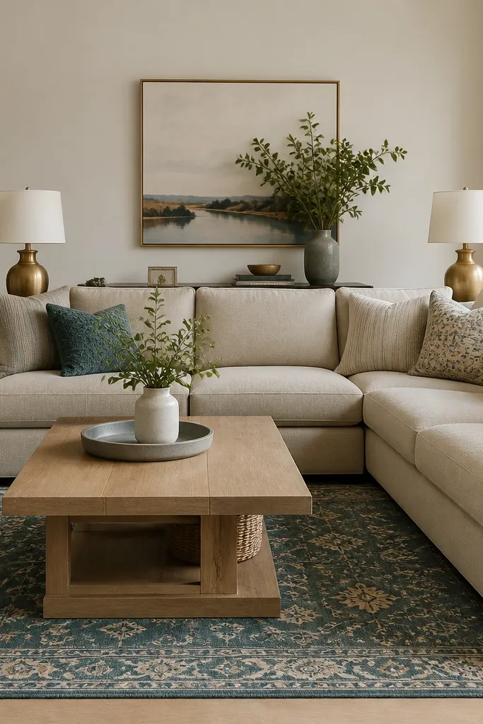 A living room with a beige L shape sofa. A teal patterned rug anchors the seating area. Two brass table lamps sit at opposite ends of the sofa back, and the coffee table is in light wood with a grey ceramic tray.