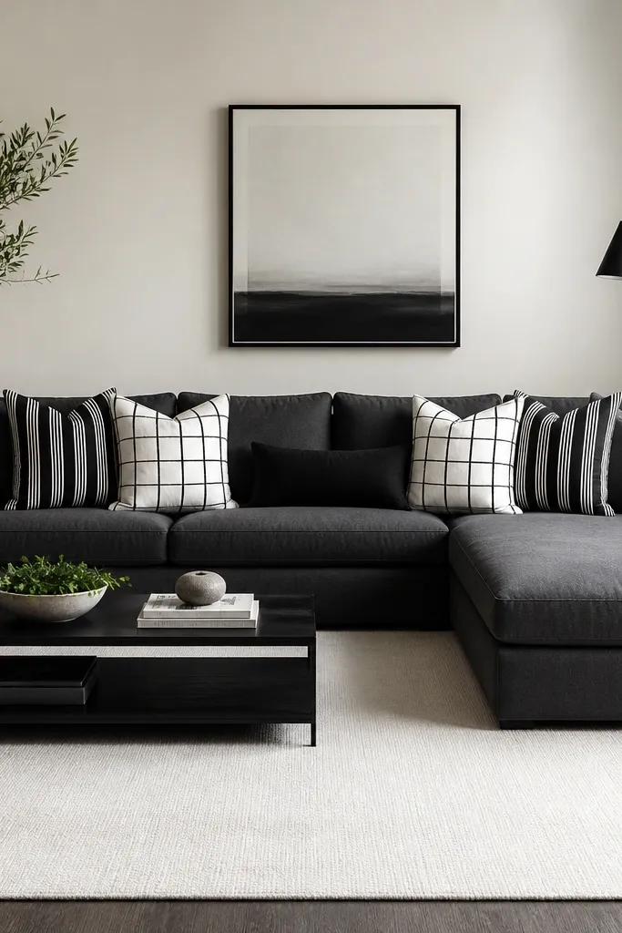 A charcoal grey L shape sofa against a light wall. An ivory rug covers most of the seating zone. Cushions are arranged in a grid style: black and white stripes and squares, with one solid black lumbar pillow.