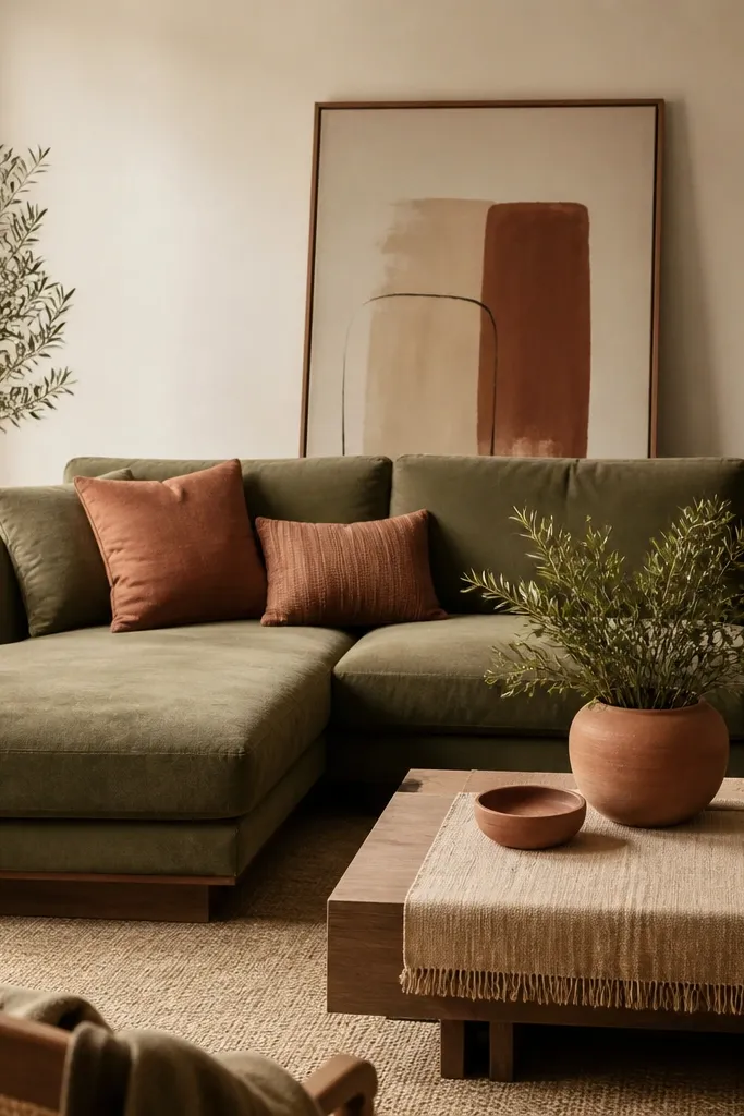 An olive green L shape sofa with terracotta cushions. The coffee table has terracotta planters and a warm beige runner. Behind the sofa, the wall is painted soft cream and a large abstract art piece leans against it.