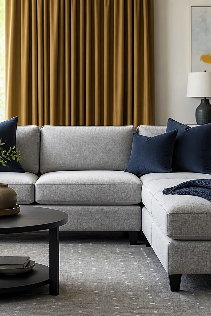 A light grey L shape sofa facing a coffee table. Behind it are mustard-gold curtains. Indigo throw pillows and a folded indigo throw sit on the sofa, and the rug is a muted grey with subtle dots.