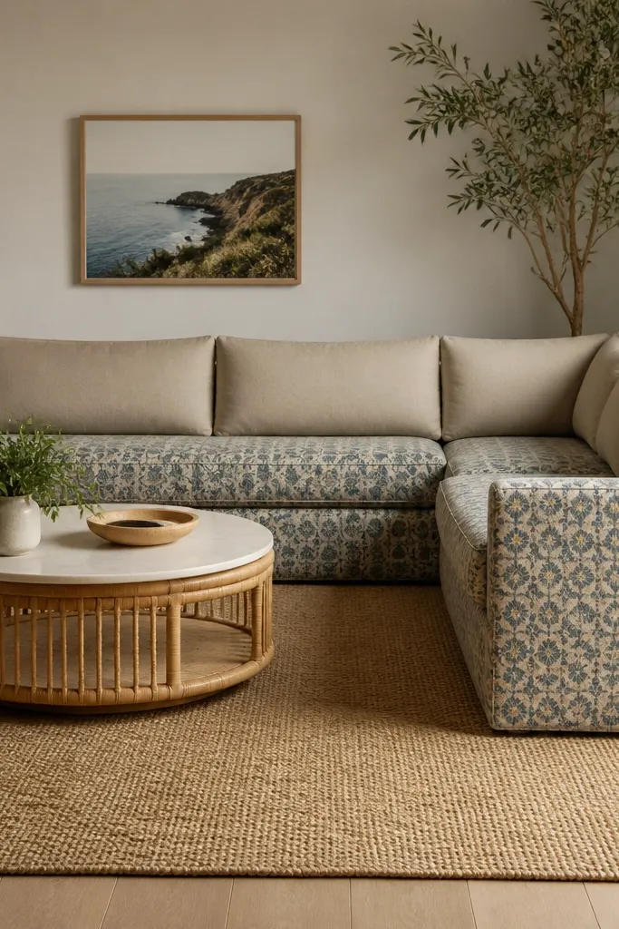 A patterned fabric L shape sofa with back cushions in solid beige. A woven jute rug spreads under the seating area. The coffee table is rattan or cane with a light marble top.