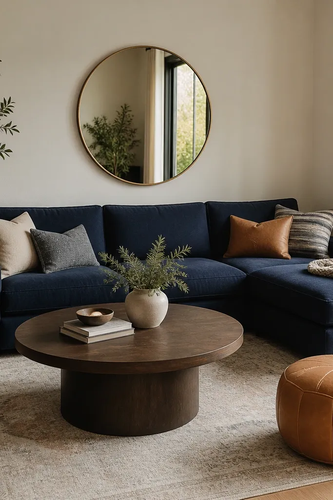 A navy blue L shape sofa with a tan leather pouf near the chaise. The coffee table is round with a dark wood base. A round mirror hangs on the wall above the seating area.